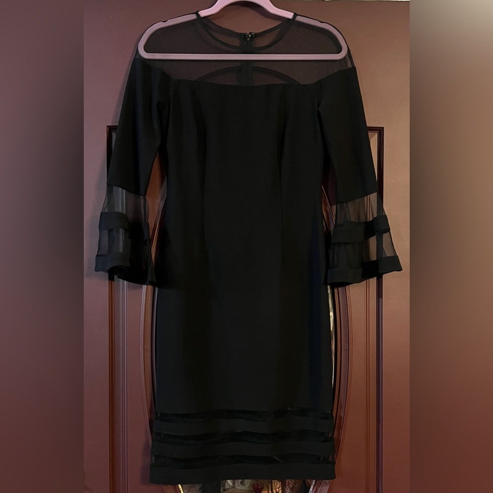 Betsy & Adam Black Sheer Yoke and Tiered Sleeve Cocktail Dress